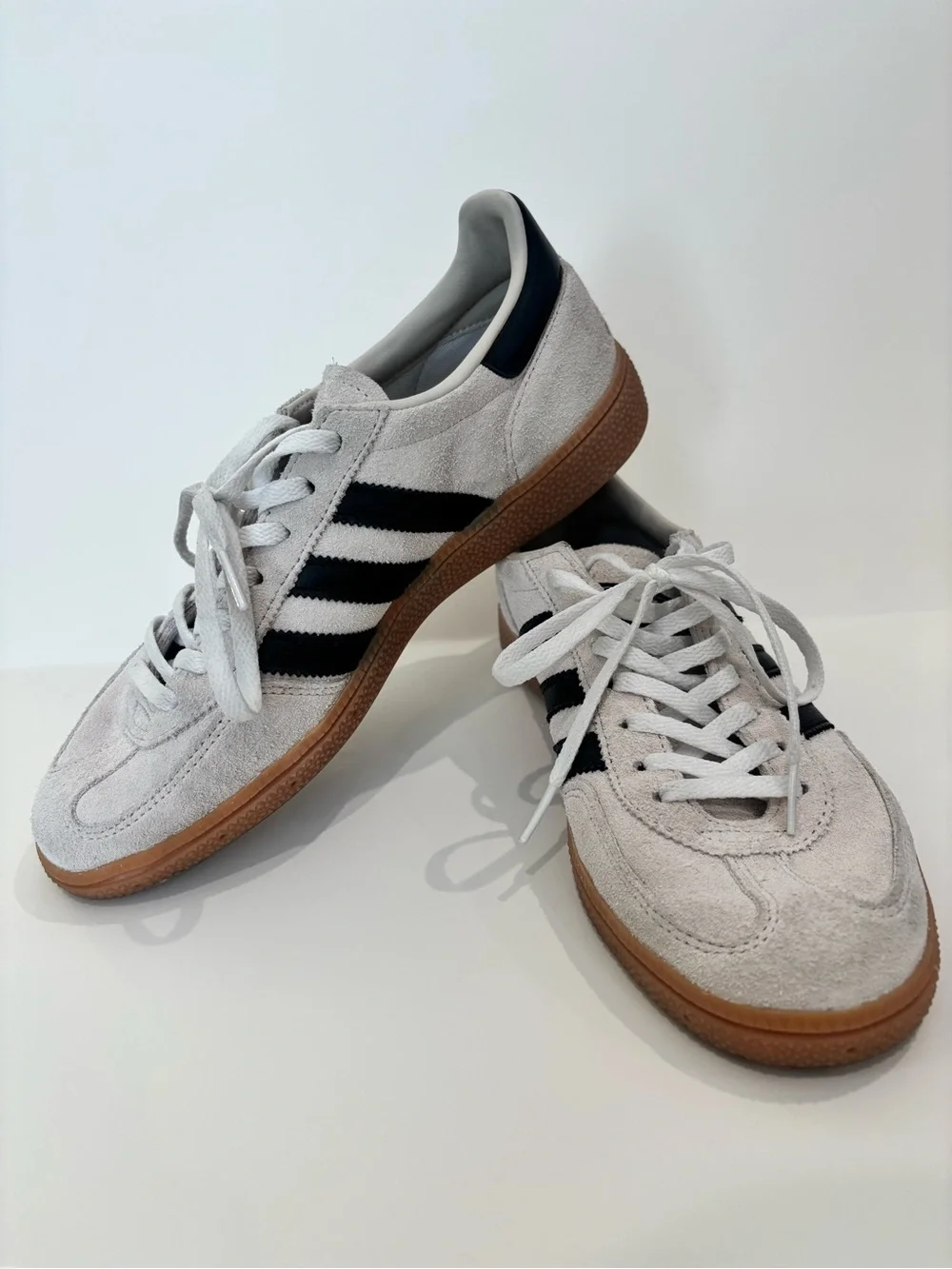 adidas Suede Sneakers in White with Black Stripes and Gum Sole